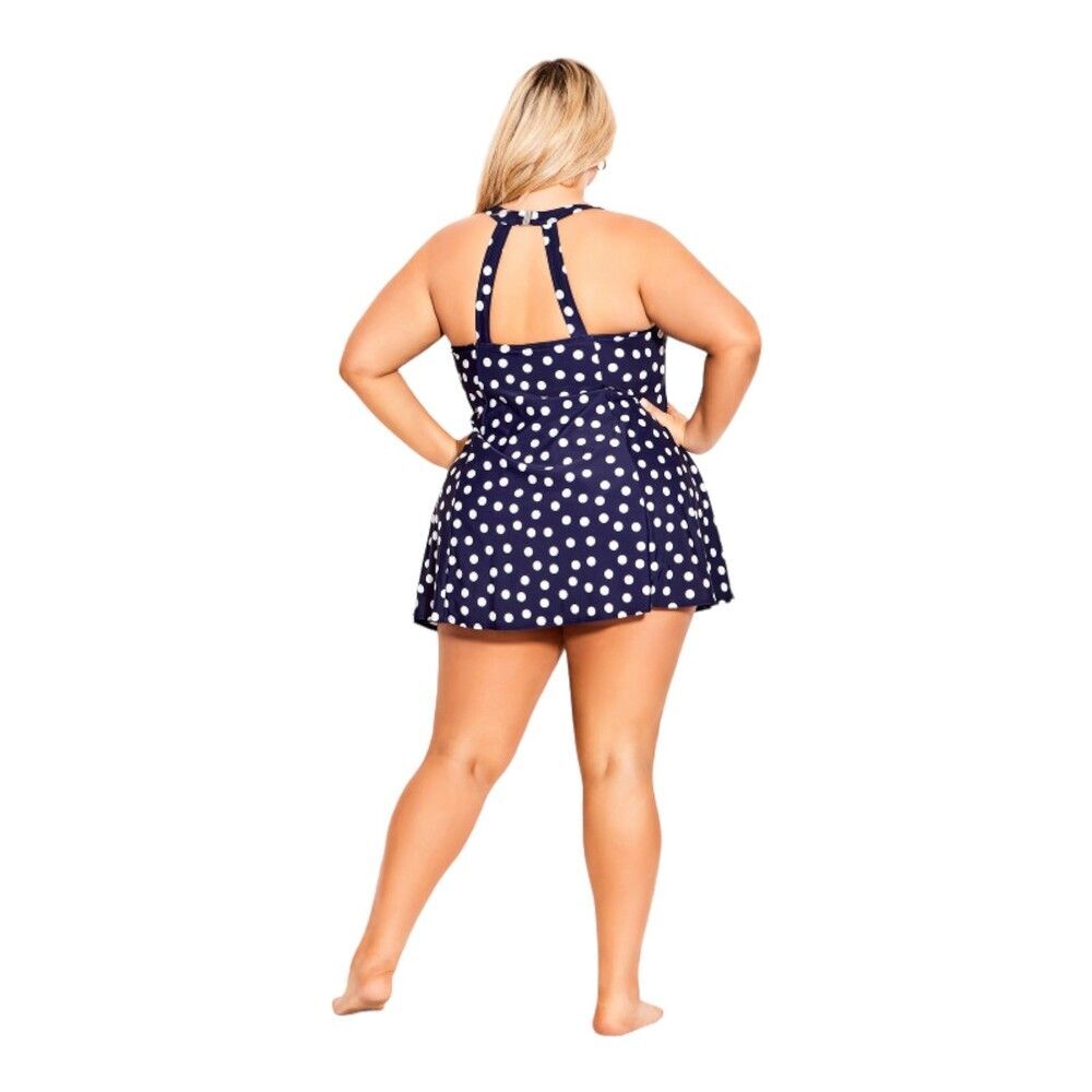 Avenue Polk-A-Dot Halter Swim Dress 16W Navy - Picture 2 of 6